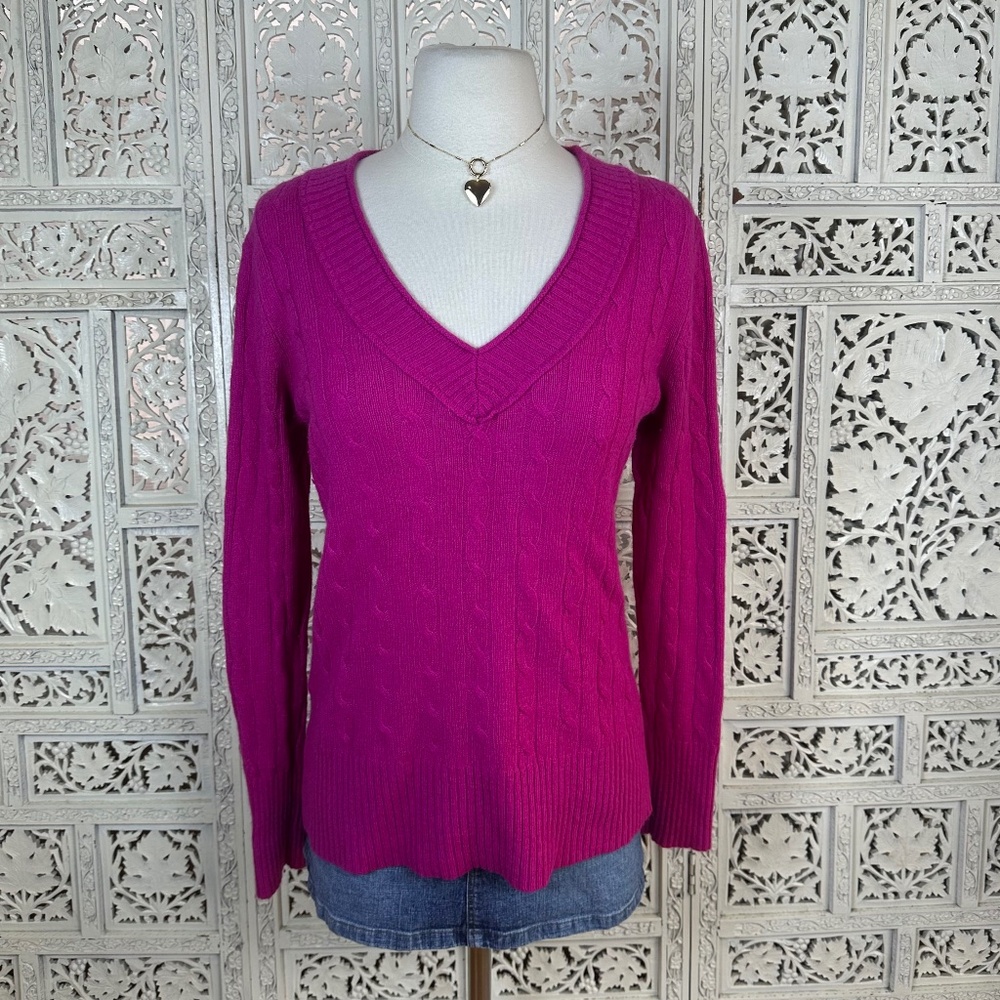 Ann Taylor LOFT Hot Pink Cable Knit Wool Angora Blend Long Sleeve Sweater Sz M